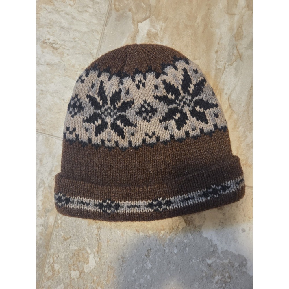 Vintage EcoRaggs Brown Winter Beanie With Nordic Inspired Snowflake Pattern Wool - Picture 3 of 4